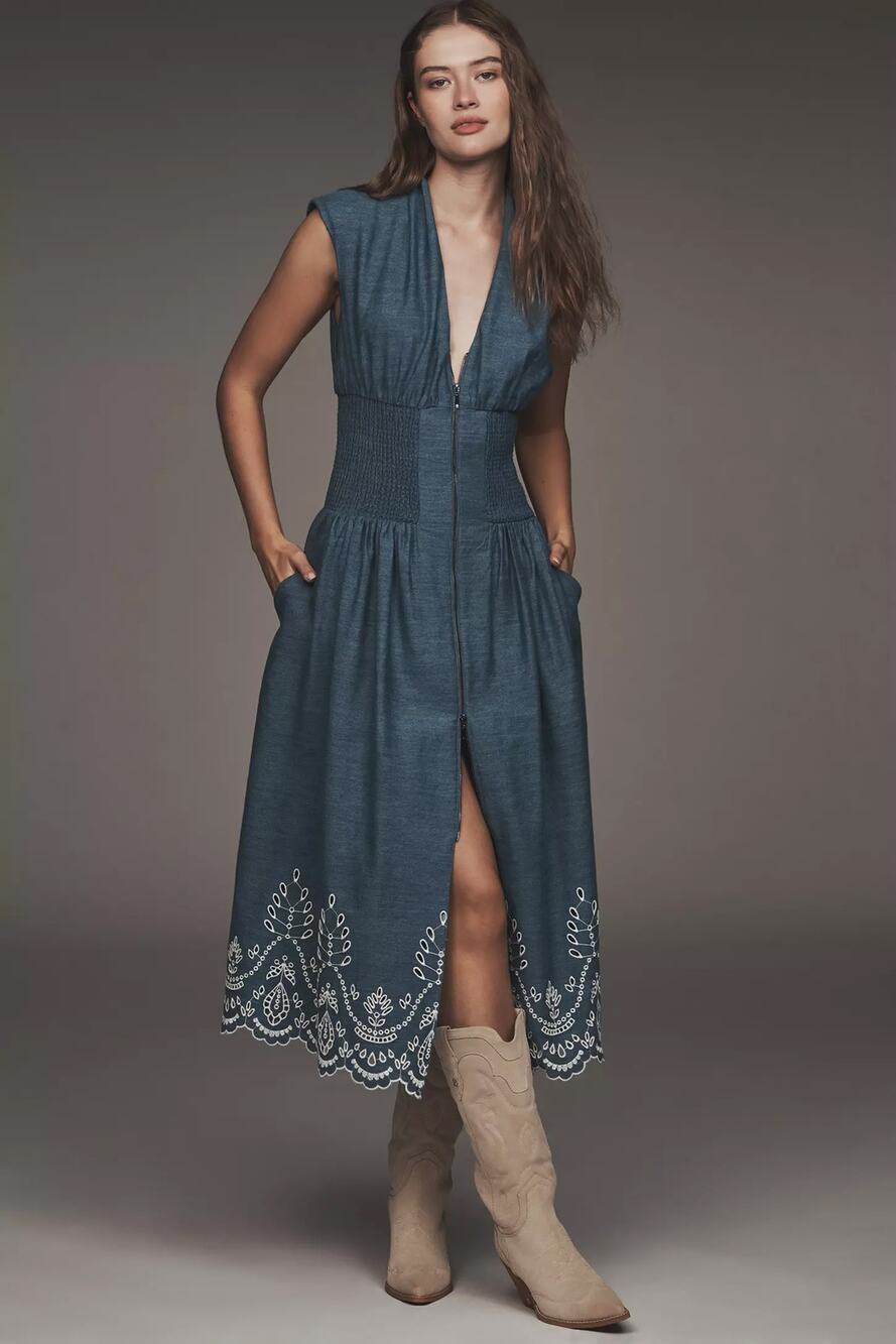 by ANTHROPOLOGIE sz L The Tommie cap sleeve zip dress eyelet edition in denim